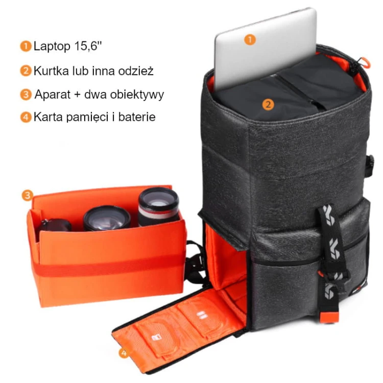 Plecak fotograficzny K&F Concept Roll Top z wysuwaną z boku komorą na sprzęt