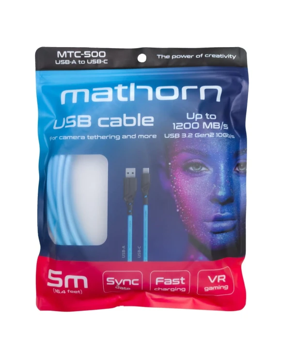 Kabel do tetheringu Mathorn MTC-500 5m USB A-C ArcticBlue do Canon R5 R6 Sony A7III A7IV