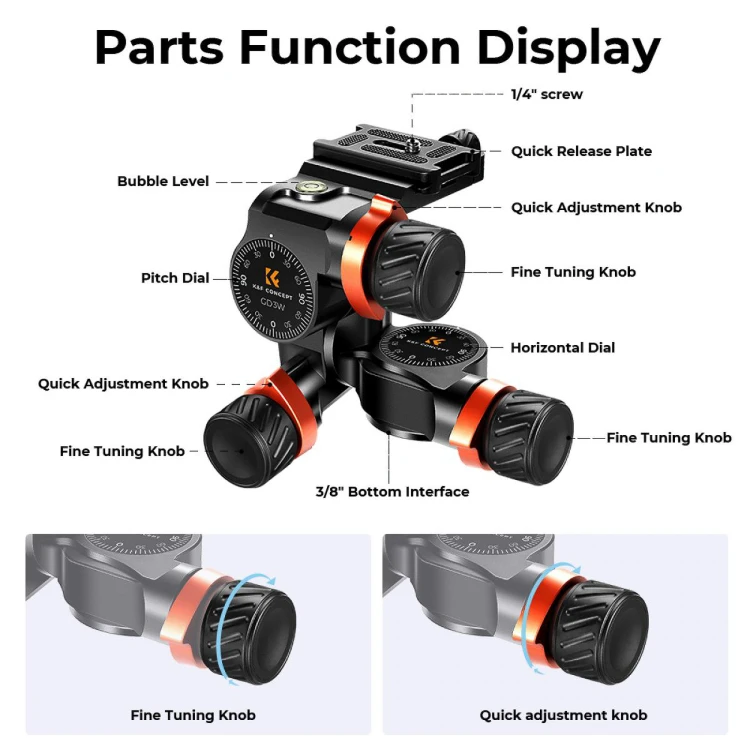 Głowica 3D z przekładnią zebątą K&F Concept GD3W
