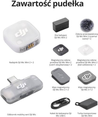 MIkrofon bezprzewodowy DJI Mini 2 (2TX, 1TX) + etui ładujące do iPhone 17/16/15, Android, tabletów