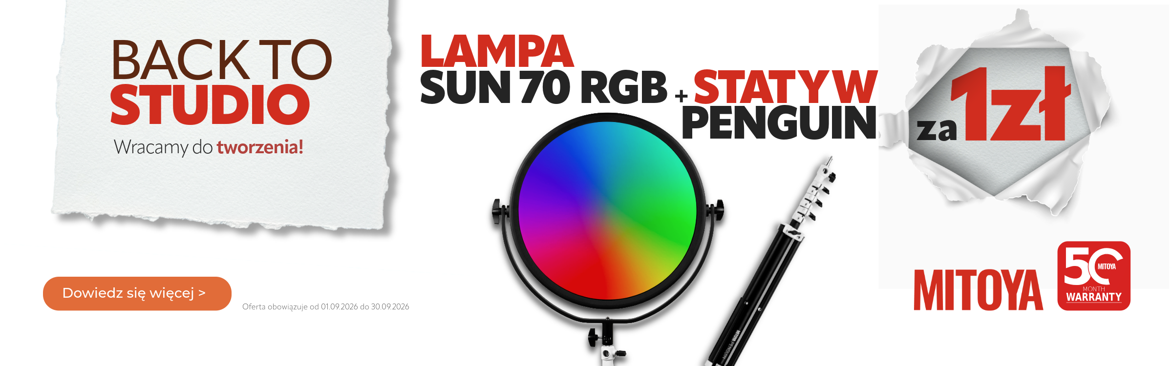 promocja z okazji powrotu do studia, malpa mitoya sun 70rgb + statyw pingwin za złotówkę